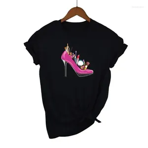 Kvinnors T -skjortor Fashion Women Shirt Red High Heels Shoes and Lipstick Print Female Harajuku Topps Tee 90s Ladies