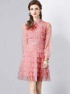 Basic Casual Dresses A Line Casual Dresses Sweet Pink Print Ruffle Elegant Dresses For Women Lapel Long Sleeve High Waist Dress Female Fashion Clothing New 2024