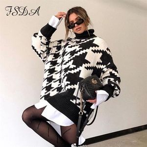 FSDA Langarm Herbst Winter Übergroßen Pullover Kleid Frauen Rollkragen Schwarz Casual Stricken Mini Hahnentritt Sexy Party Kleider Y011269a