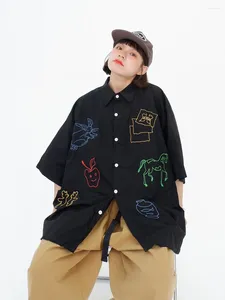 Kvinnors blusar roliga broderade korta ärmskjorta för kvinnor 2023 Summer Löst montering BF Children's Fun Retro Cardigan Top Trend