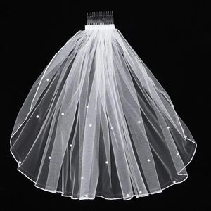 White Tulle Veil Pearls Elegant Wedding Accessories for Bride Girls One Layer Beaded Womens Bridal Veils