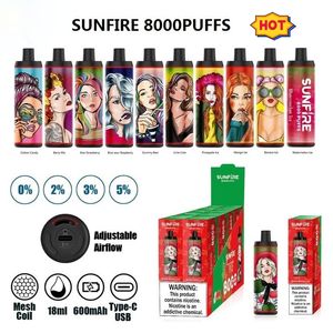 Original Sunfire 8000 Puffs 8k Disponible Vape Pen Kit Pods Vapers Desechables Device 18 ML REFILLABLE 600mAh Laddar Justerbar luftflödesanordning 0% 2% 5% av Aierbota