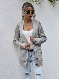 Women's Long Cardigan Sweater Autumn Knit Coat Warm Breathable Acrylic Fabric V-Neck Long Sleeve Single Row Button Twist Pattern S M L Xl Size