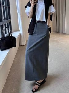 RO* grå sidoslits kjol grundläggande casual klänningar