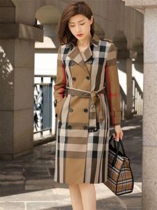 Autumn New Style Temperament Plaid Suit Collar Double breasted Mid length Windbreaker Coat Women's Early Autumn Coat