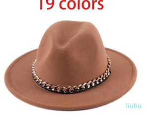 Wide With Thick Gold Chain Band Belted Classic Beige Felted Hat Black Cowboy Jazz Caps Luxury Fedora Women