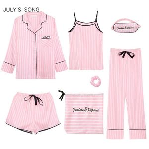 Canção de julho rosa feminino 7 peças pijamas conjuntos emulação seda listrado pijamas feminino conjuntos primavera verão outono 1804