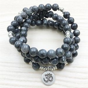 SN1146 Top Design Labradorite Wrap Bracelet Men's 108 Mala Yoga Bracelet or Necklace Silver Lotus Ohm Buddha Bracelet280b