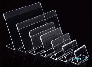 wholesale Various Smaller Size T Clear Acrylic Plastic Sign Display Paper Label Card Price Tag Holder L Shaped Stand Horizontal On Table