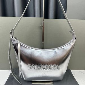 Высококачественная кожаная сумка-клатч, сумка-тоут, сумка в форме полумесяца из телячьей кожи, роскошная дизайнерская сумка-тоут, сумка для подмышек, диагональный ремень в стиле ретро, черный, серебристо-белый порошок