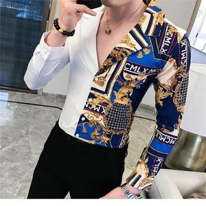 Black Gold Shirt Autumn Baroque Men Long Sleeve Patchwork Casual Mens Slim Fit Print Party Club Nightclub Chemise Homme2195