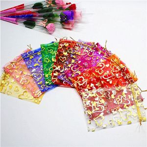 Heart Small Organza Candy Jewelry Bags Gift Pouches 11 colors 7X9cm Open Gold Silver Heart 500pcs HJ246232o