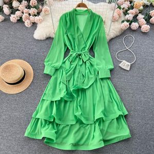 Autumn Women A Line Yellow Casual Dresses Hollow Out Midi Dress Elegant V-Neck Puff Short Sleeve High Waist Party Robe Female Vest267h