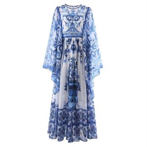 Casual Dresses Qian Han Zi Designer Fashion Runway Summer Long Dress for Women Bat Sleeve Blue and White Porslin Printing Vacati319h