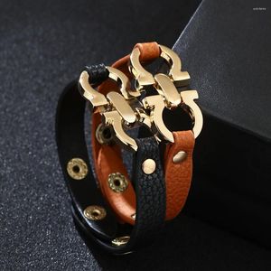 Link Bracelets Geometric Metal Charm Leather For Women Young Girls Students Office Lady PU Wristband Hand Jewelry