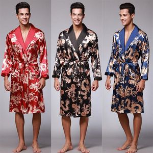 Plus Size Mens Bathrobe Silk Kimono Sleepwear Long Sleeve Robes Dressing Gown Print Satin Pajamas Men Night Peignoir Homme259n