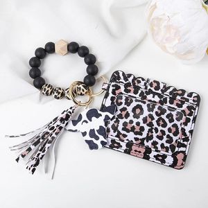 Keychains Fashion Silicone Beaded Bracelets Key Rings Leopard Print Card Holder Wallets Leather Tassel For Women Jewelry Gifts