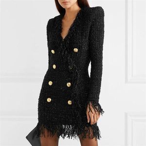 Designer Runway Dress Women's Long Sleeve Metal Lion Buttons Fringed Tweed Tassel187U