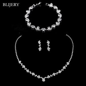 Wedding Jewelry Sets BLIJERY Fashion Crystal Bridal Silver Color Geometric Choker Necklace Earrings Bracelet 231013