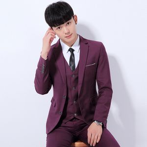 Män passar tre stycken pälsbeständare Koreansk version Slim Fit Professional Work Uniform Groom Wedding Best Man Set Blue Purple