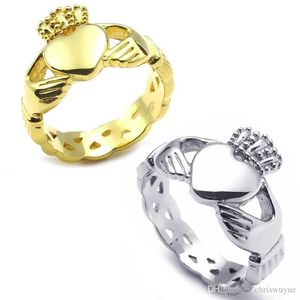 Fashion Stainless Steel Band Claddagh Heart Crown Love Mens Womens Ring Gold Size 6 7 8 9 10 11 12 13239G