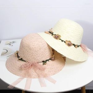 ベレツ2023夏の女性の太陽帽子バケツキャップベージュレースボウノットフラワーリボンフラットストロービーチキャップパナマ