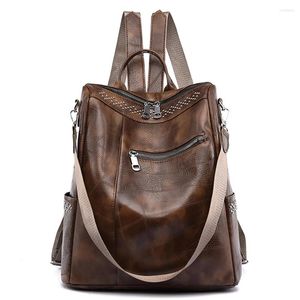 Skolväskor 2023 Trend Soft Pu Leather Women Luxury Ryggsäck Purses Female Book Bag Big Capacity Travel Rucksack Shoulder