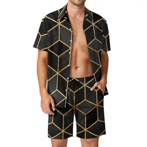 Herrspårar Gold Geo Print Men Set Black Cues Casual Shirt Set Vintage Vacation Shorts Summer Suit 2 Piece Plus Size