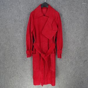 Jaqueta de couro feminina 2023 primavera outono luxo vermelho genuíno longo casaco feminino camurça de alta qualidade pele carneiro blusão fora