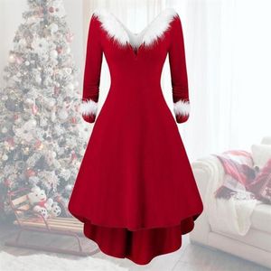 Casual Kleider Weihnachten Langarm V-Ausschnitt Partykleid Weiß Plüsch High Low Saum Patchwork Taille Eng Große Weihnachten Cosplay Costum226O