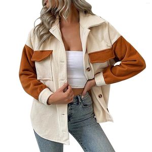 Women's Jackets Elegant Color Block Lapel Jacket For Women 2023 Autumn Loose Long Sleeve Winter Coat Lady Thick Polar Fleece Outwear