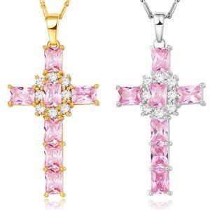 Nakelulu Cross Crystal Halsband Kvinnor smycken gåva Hela silverguldfärg lyxiga rosa klara kubiska zirkoniumhängen kedja2973