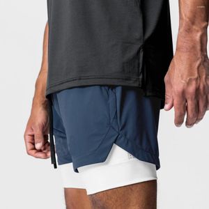 Herr shorts mens 2 i 1 träning fitness dubbel däck andningsbar jogger blå nylon gym bodybuilding basket snabb torr löpning