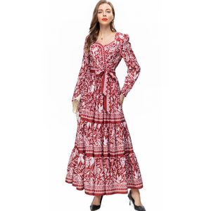 Women's Runway Dresses Sweetheart Long Sleeves Printed Lace Up Fashion High Street Designer Casual Vestidos