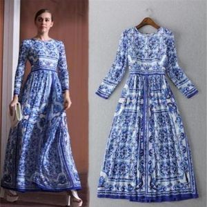 New Women's European style boho Long Sleeve Vintage Blue And White Print Dress Brand Maxi Dress party dresses LJ200824252B