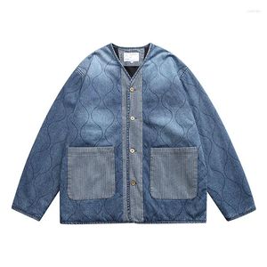 Men's Jackets Men Quilted Collarless Cotton Denim Kimono Coat Japan Korean Style Harajuku Streetwear Vintage Loose Casual Cargo Jeans Jacket