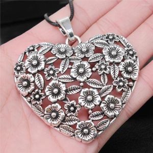 Ожерелья с подвесками, античное серебро, цвет 67x58 мм, полое цветочное сердце, ожерелье из искусственной черной кожи с веревкой-цепочкой