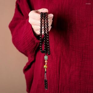 Strand pequena folha de sândalo vermelho 108 contas de buda pulseira de corda de mão com um grânulo de transferência de jade moiré grande pingente de laca