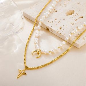 Pendant Necklaces Girl Star And Moon Double Layer Freshwater Pearl For Women Charm Chain Banquet Choker Pendants Jewelry Wedding Gifts