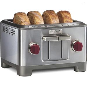 Fabricantes de pão Wolf Gourmet Torradeira com slot extra largo de 4 fatias Seletor de sombra Configurações de bagel e descongelamento Botão vermelho em aço inoxidável (WGTR154S)