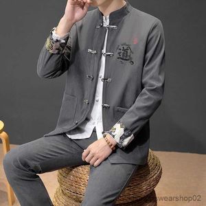 Fatos masculinos estilo chinês manga comprida gola tang terno jaqueta conjunto masculino zhongshan terno estilo étnico calças 2023 outono novo casaco r231016