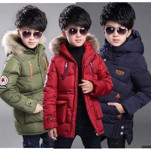 Jaquetas 2023 tamanho grande adolescente grosso quente inverno meninos jaqueta 2 cores pesado estilo longo com capuz outerwear para menino crianças blusão casaco 231016