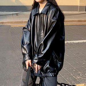 Women's Leather Korean Black Jacket Women Winter Long Moto Biker Zipper Streetwear Harajuku Y2K Loose Coat 2023