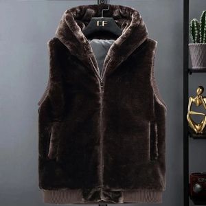 Pelle da uomo finta 2022 nuova giacca senza maniche da uomo con cappuccio caldo termico Witnter gilet di pelliccia maschile peluche cappotto di flanella soffice gilet in pile autunno 231016