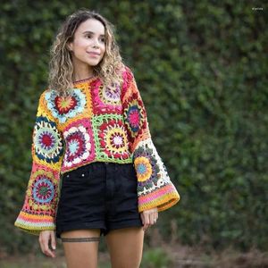 Women's Sweaters 2023 Early Autumn Fashion Retro Full Hand Hollow Crochet Color Plaid Trumpet Sleeve Pullover