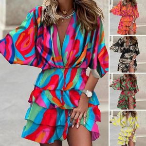 Casual Dresses Batwing Sleeve Colorful Floral Print Women Summer Dress Deep V Neck Oregelbundet hem Ruffle Elastic midjeparty Mini