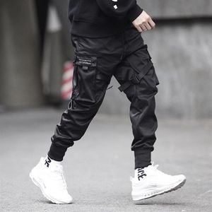 Corredores homens preto táticas calças de carga hip hop streetwear lápis sweatpants fita bolso calças cintura elástica hg094 masculino279h