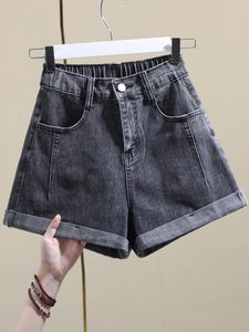 Jeans femininos fumaça cinza enrolado denim shorts verão cintura elástica solta perna larga calças de linha alta