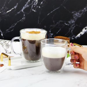 Copos de vidro de camada dupla, copos de café de vidro com alto teor de borosilicato e alças, atacado por fabricantes de vidro