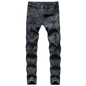 Calças de brim dos homens estilo de rua dos homens motociclista jeans buraco angustiado com zíper fino ajuste denim casual calças masculinas calças256j